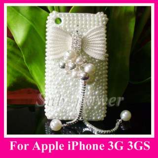 3D Rhinestone Full white BOW Bling Pearl hard Case cover for iPhone 3G 