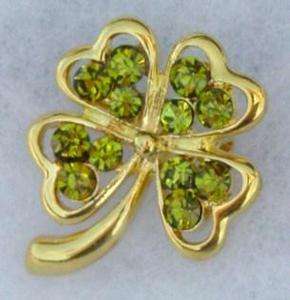 Gold Green Crystal Rhinestone Four 4 Leaf Clover Lapel Pin Brooch St 