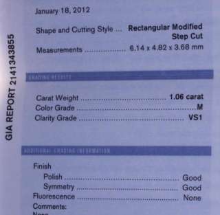   certified baguette 1.06ct diamond VS1 M rectangular modified step cut
