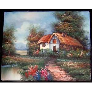   Small Oil painting Thatched Roof Cottage#1 Unframed 