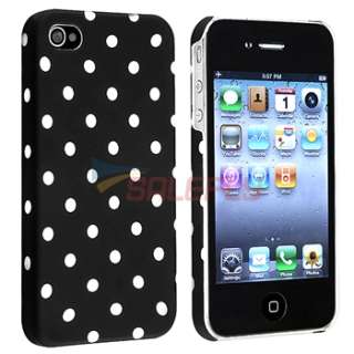 White Dots Black Rubber Hard Case+PRIVACY FILTER for VERIZON iPhone 4 