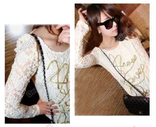   Translucent Lace Puff Long Sleeve With Golden Letter Design T Shirt
