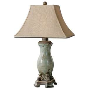   Light Blue, Tan and Rustic Bronze Table Lamp with Burlap Shade Home