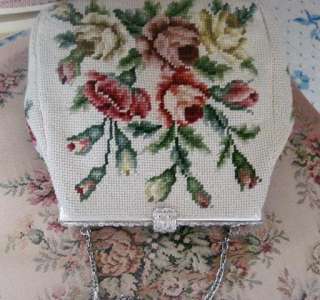 PINK ROSES Needlepoint~MAUD HUNDLEY~Beige 40s VINTAGE Purse/Handbag 