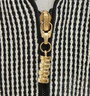 St. John Collection Black & Beige Striped Knit Zip Front Belted Jacket 