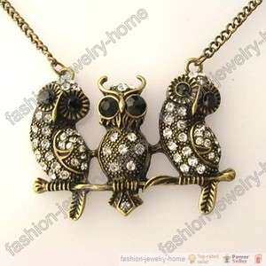 Fashio Vintage Bronzed clear crystal owl Necklace chain  