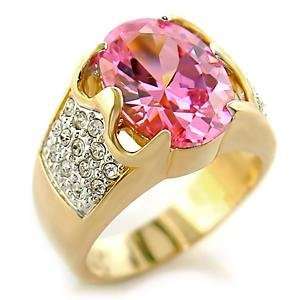   Rings   Gold Tone Oval Cut Rose Pink Solitaire & White Pave CZ Ring