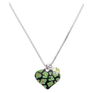 Lime Green Enamel Cheetah Print Heart Charm Necklace with AB Swarovski 