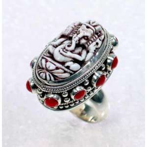  Designer Ganesh Sterling Silver Conch Shell, Coral Ring Jewelry