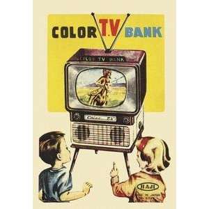   Paper poster printed on 12 x 18 stock. Color TV Bank