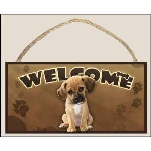  Puggle (sitting) 10 x 5 Wooden Welcome Sign Featuring 