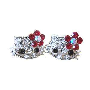  Extra Small Kitty Stud Earrings with Red Flower Bow 