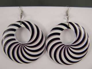   painted swirl dangle wood disc hoop earrings 2.5 long 2 wide  