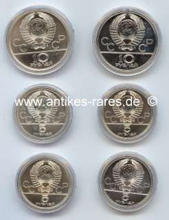 Münzen 925 (Ag) Silber, 16. Olympiade Moskau 1980, 2x 10 Rubel, 4x 