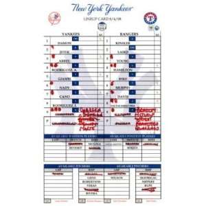  Yankees at Rangers 8 04 2008 Game Used Lineup Card 