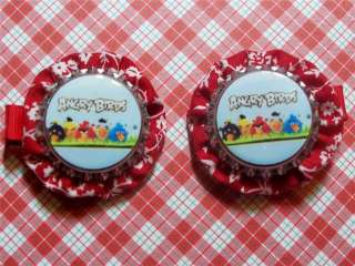 Angry Birds Gang Yocaps on Red/White Floral Fabric on Red Hair Clips 