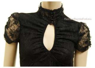 Sele Victorian Gothic Black Lace Eye Peep Cinched Sleeve Blouse Shirt 