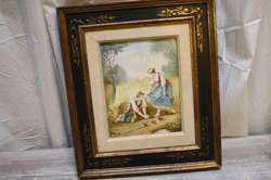 Antique French Tile Porcelain Painting Country Road Male Female Baby 