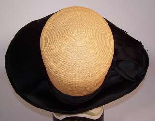 1920s Vintage Natural Straw Black Silk Oval Wide Brim Cloche Hat Large 