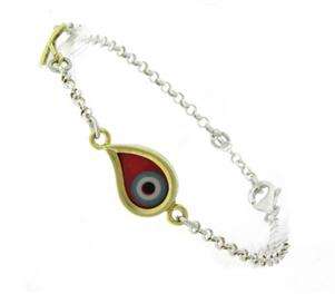 Red Tear Drop Evil Eye Cross Chain Silver Bracelet  