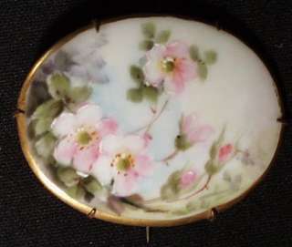 VICTORIAN LARGE HAND PAINTED PORCELAIN BROOCH * DOGWOOD  