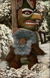 ALASKA Eskimo Baby at Totem Pole in Fur Coat c1910 PC  