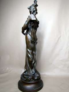 Beautiful* Antique French Art Nouveau Figural Maiden Bronzed Statue 