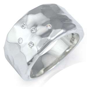 Genuine White Diamond 925 Sterling Silver Hammered Ring  