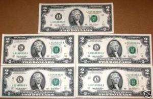 US CURRENCY (5) 2003A $2 FRNs OLD PAPER MONEY CRISP CUs  