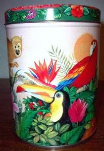 TROPICAL BIRDS AND MONKEY Metal Tin Box Container Canister  