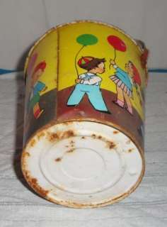 VINTAGE TIN SAND PAIL CHEIN CHILDREN WITH BALLOONS AND ANIMALS  
