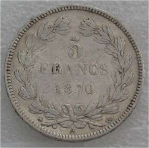 FRANCE 5 FRANCS SILVER COIN, CROWN , SUPERB XF 1870  