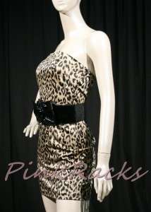 New Satin Cheetah Print Mini Tube Dress W/ Belt Gold  