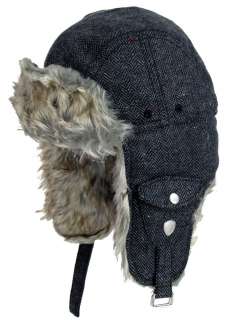 Mens Ben Sherman Winter Fur Trimed Trapper Hat Herringbone  