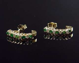   14K Half Hoop Eternity Style Natural Emerald & Diamond Earrings  