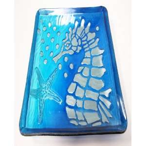  JK ART 11 Inch Blue Seahorse Handmade Art Glass Square Plate 