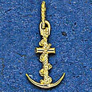   14K Gold 21.5MM Anchor with Peened CTR & Twist Rope Nautical Pendant