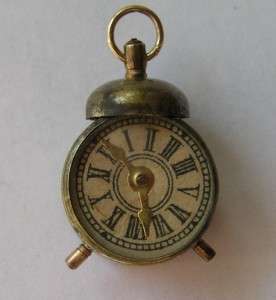   ANTIQUE VICTORIAN BRASS OLD FASHIONED ALARM CLOCK w COMPASS CHARM FOB