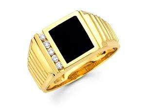   Mens Black Onyx Diamond Pinky Ring 14k Yellow Gold Band (1/10 Carat