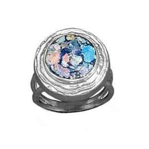 Ancient Roman Glass Ring Round Textured Split Band Sterling Silver