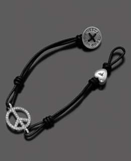 Fossil Silvertone Mixed Metal and Crystal Accent Black Leather Peace 