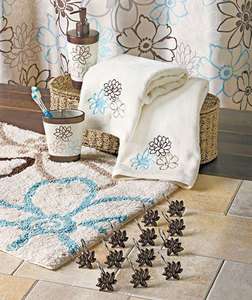 Floral Bath Set Chocolate Blue Shower Curtain Rug Towels Hooks Soap 