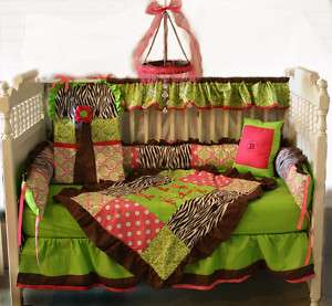 Brown Zebra/Hot pink/Lime Damask Baby bedding set  