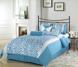 7pcs Turquoise Blue Safari Zebra Printed Comforter Set Bed in a bag 