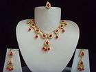 BOLLYWOOD INDIAN JEWELLERY NECKLACE EARRINGS RING SET GOLD RED CRYSTAL 