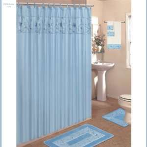 Blue 18 Piece Bathroom Set 2 Rugs/Mats, 1 Fabric Shower Curtain, 12 