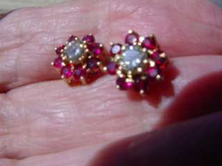 14 K~~ VINTAGE BURMESE RUBY AND DIAMOND STUD EARRINGS~~GORGEOUS 