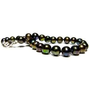 Authentic 7 Inch Black Freshwater Pearl Bracelet with Tahitian Green 