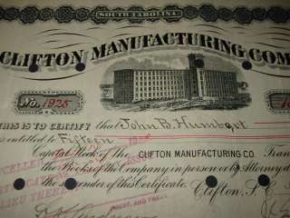 1920 Clifton Manufacturing Co. Stock Certificate   S.C.  