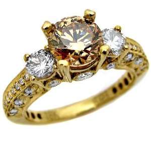   85ct Fancy Brown Round 3 Stone Diamond Ring 18k Yellow Gold Jewelry